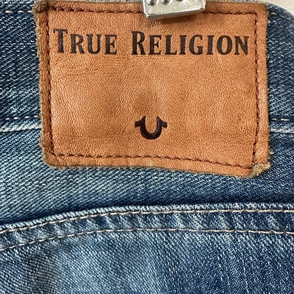 True Religion Cameron slim Boyfriend Blue Distressed Patch Jeans size 25