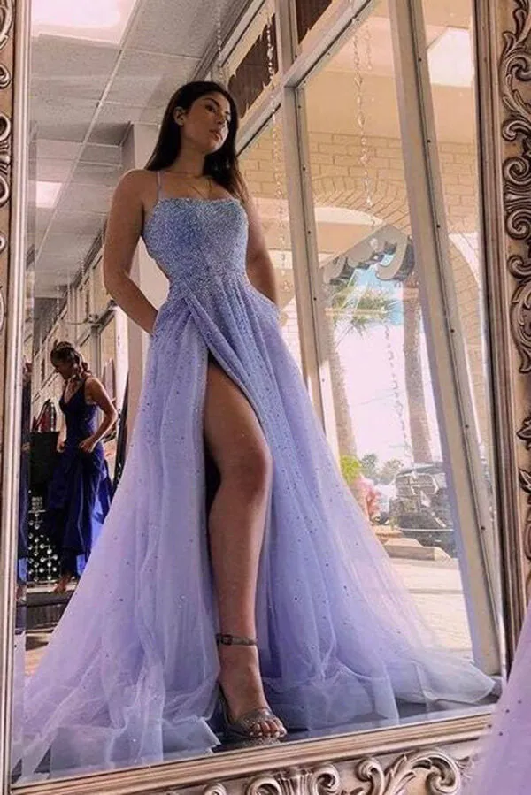 Tulle A-line Spaghetti Straps Beaded Prom Dresses With Slit, Evening Gown, SP850