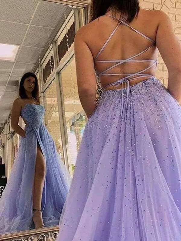 Tulle A-line Spaghetti Straps Beaded Prom Dresses With Slit, Evening Gown, SP850
