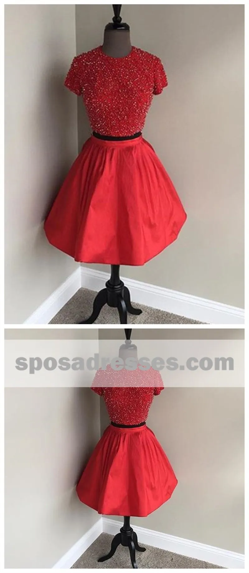 Two Pieces Short Sleeves High Neck Short Red Homecoming Dresses 2018, BDY0323