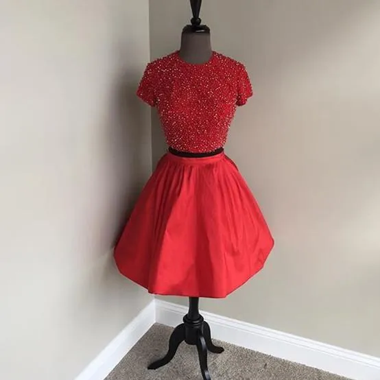 Two Pieces Short Sleeves High Neck Short Red Homecoming Dresses 2018, BDY0323