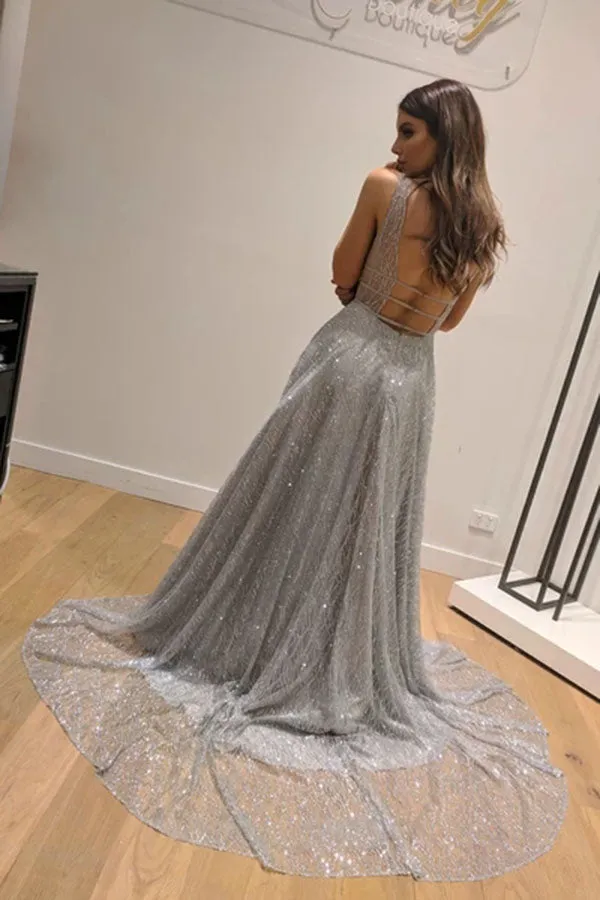 Unique Deisgn Silver Modest A-Line Sleeveless Long Prom Dresses with Train, SP554