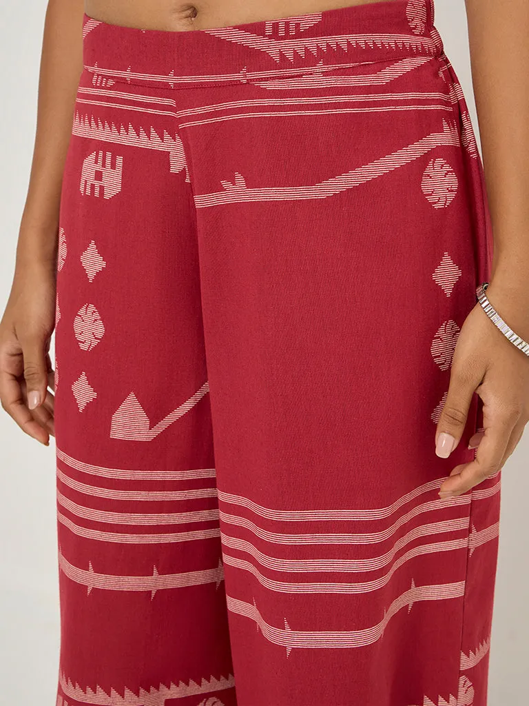 Utsa Red Ikat Design Cotton-Blend Palazzos