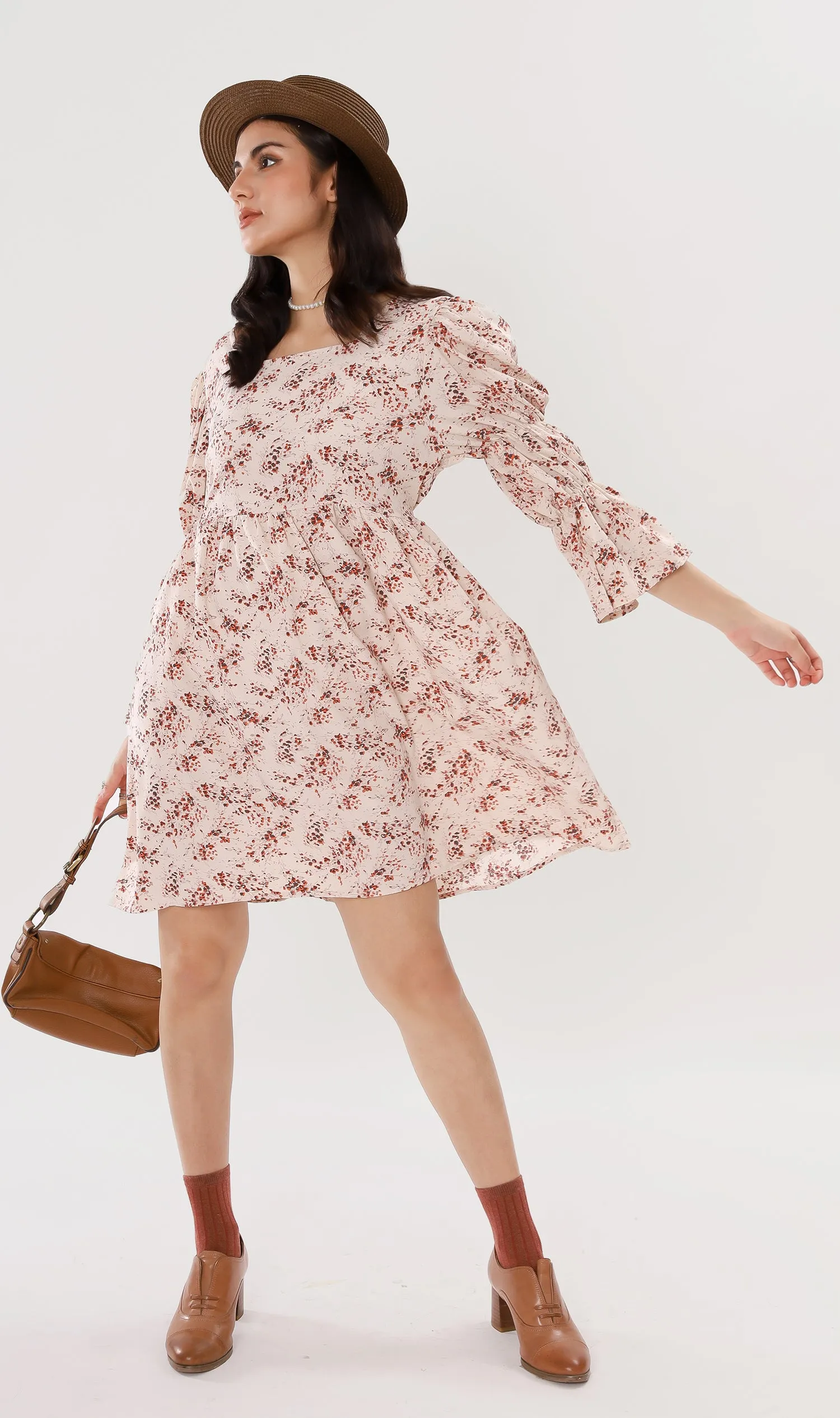 VALERIE Tiered-Sleeve Floral Dress (Cream)