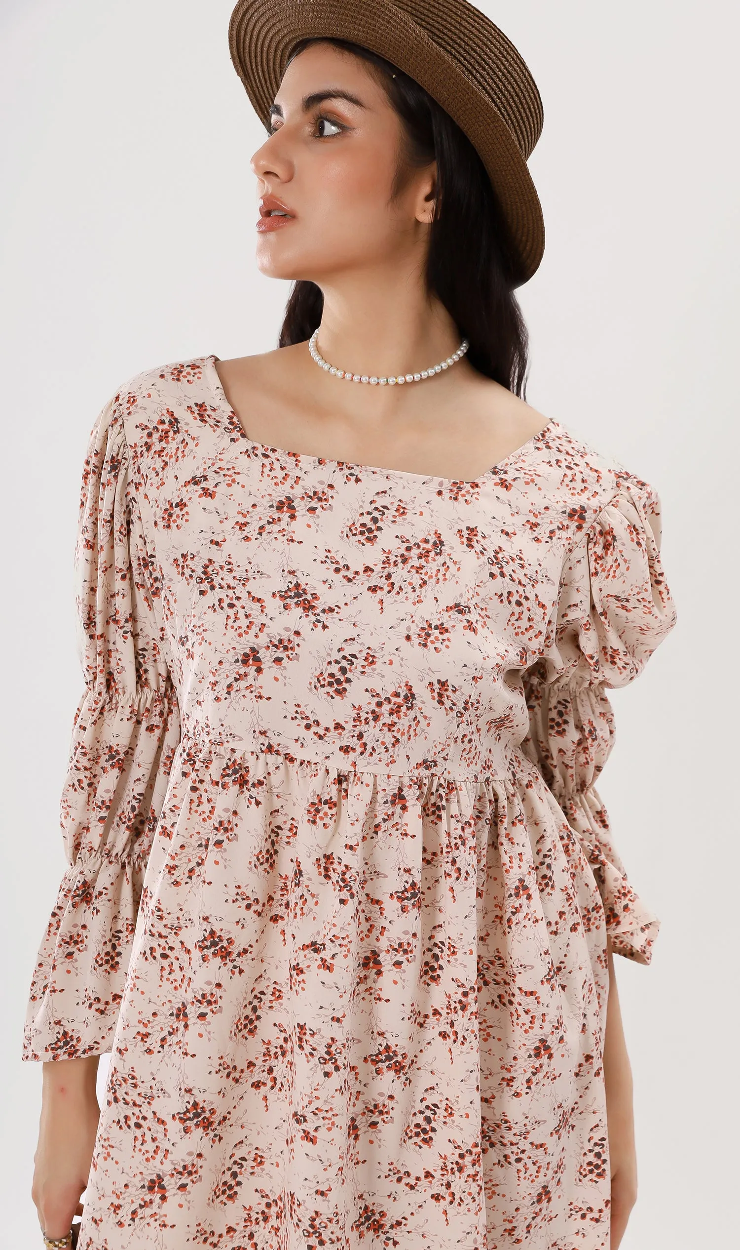VALERIE Tiered-Sleeve Floral Dress (Cream)