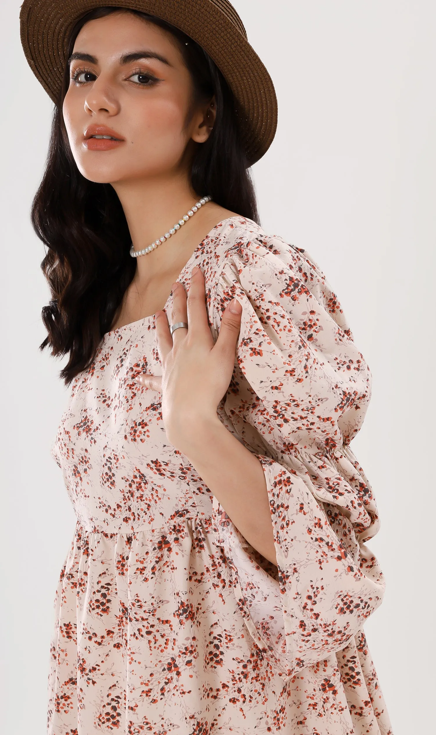 VALERIE Tiered-Sleeve Floral Dress (Cream)