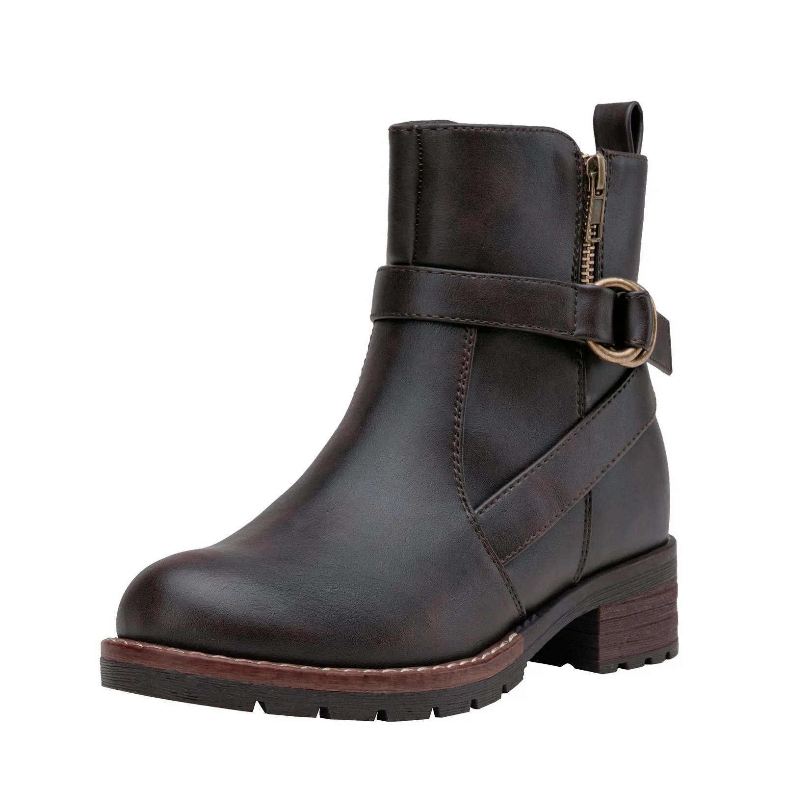 VEPOSE Women's 9681 Ankle Boots Comfy Low Heel Booties with Buckle and Side Zipper