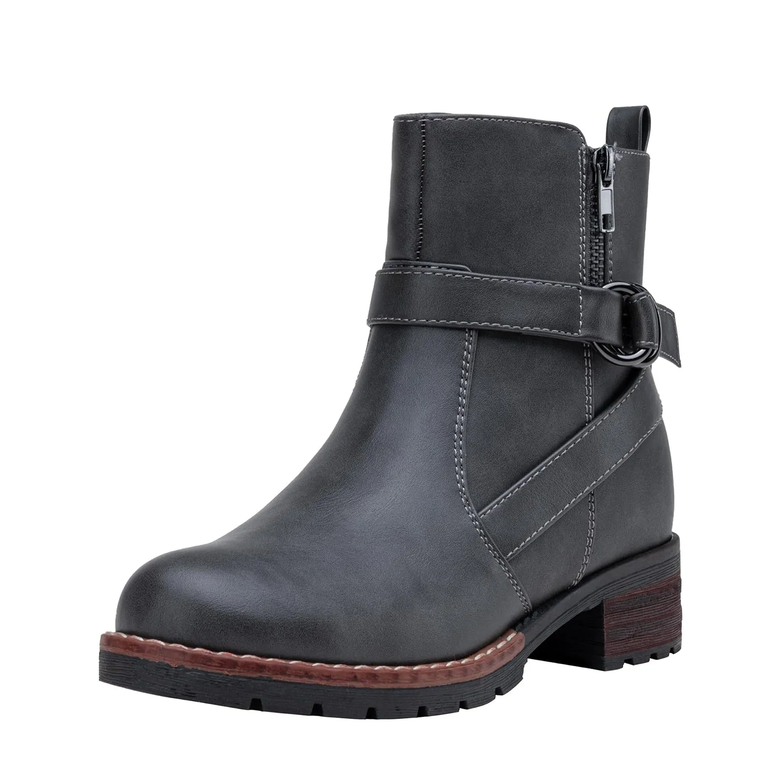 VEPOSE Women's 9681 Ankle Boots Comfy Low Heel Booties with Buckle and Side Zipper