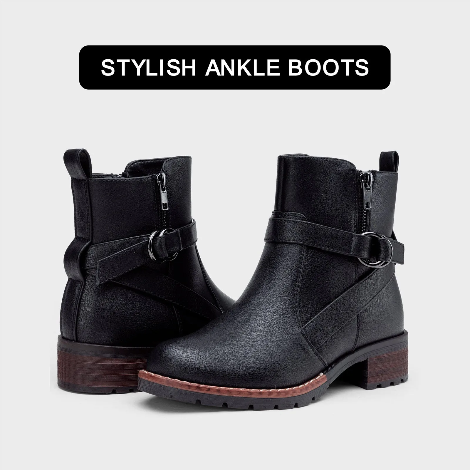 VEPOSE Women's 9681 Ankle Boots Comfy Low Heel Booties with Buckle and Side Zipper