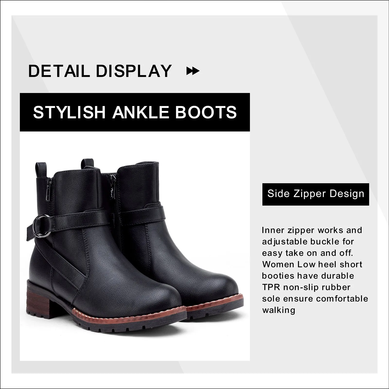VEPOSE Women's 9681 Ankle Boots Comfy Low Heel Booties with Buckle and Side Zipper