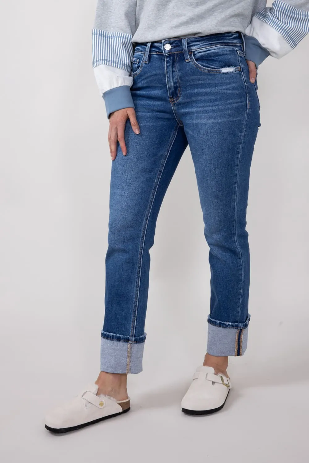 Vervet High Rise Cuffed Slim Straight Jeans for Women | T6590