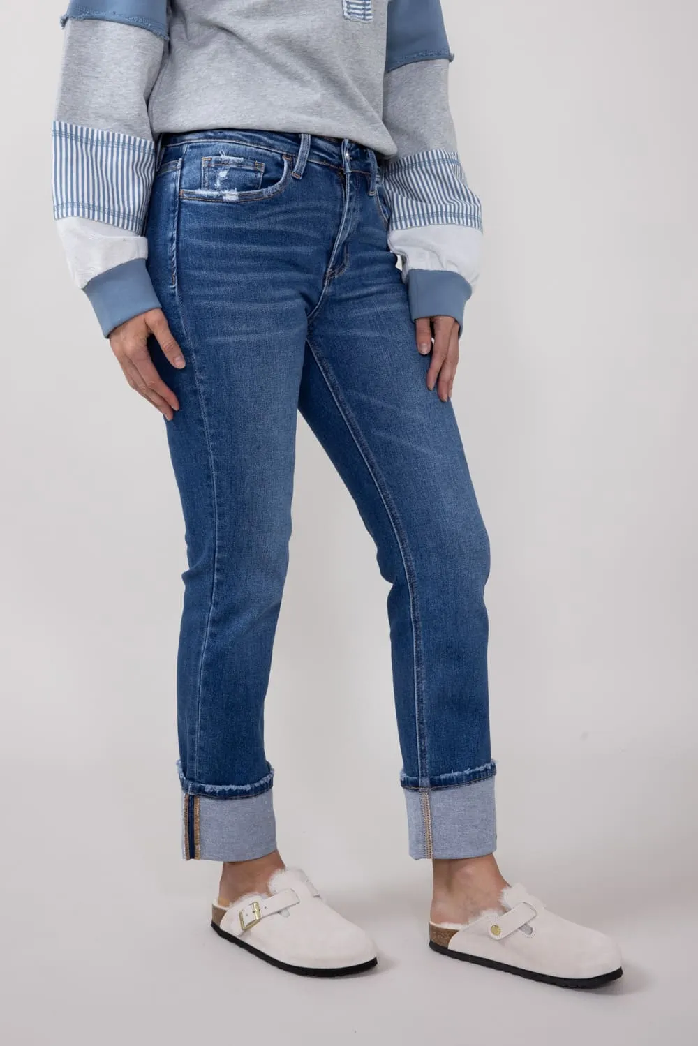 Vervet High Rise Cuffed Slim Straight Jeans for Women | T6590