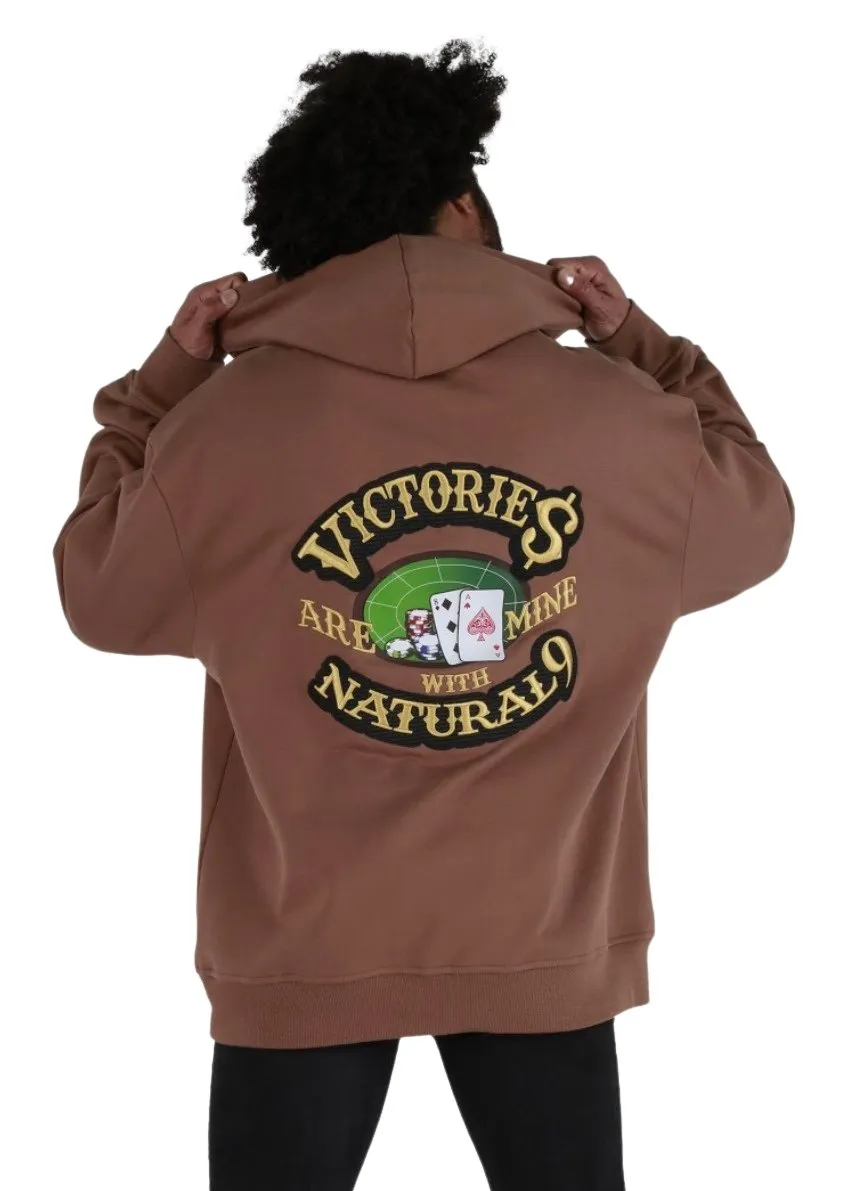 ‘Victories Are Mine With Natural 9’ Casino Embroidered Affirmation Hoodie - Brown