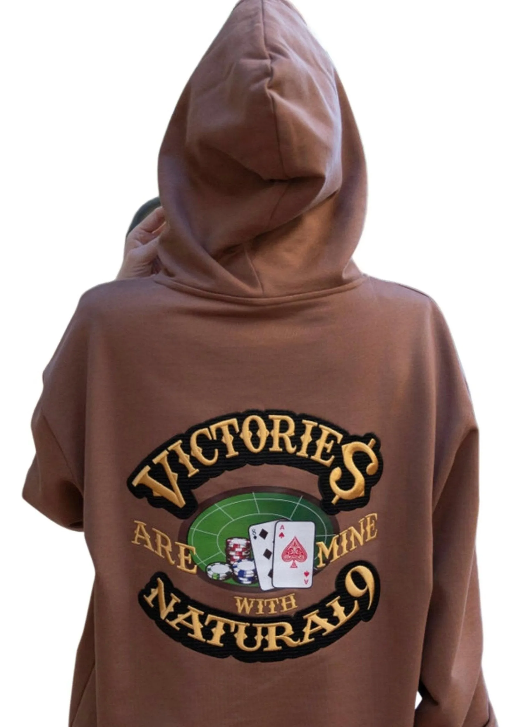 ‘Victories Are Mine With Natural 9’ Casino Embroidered Affirmation Hoodie - Brown
