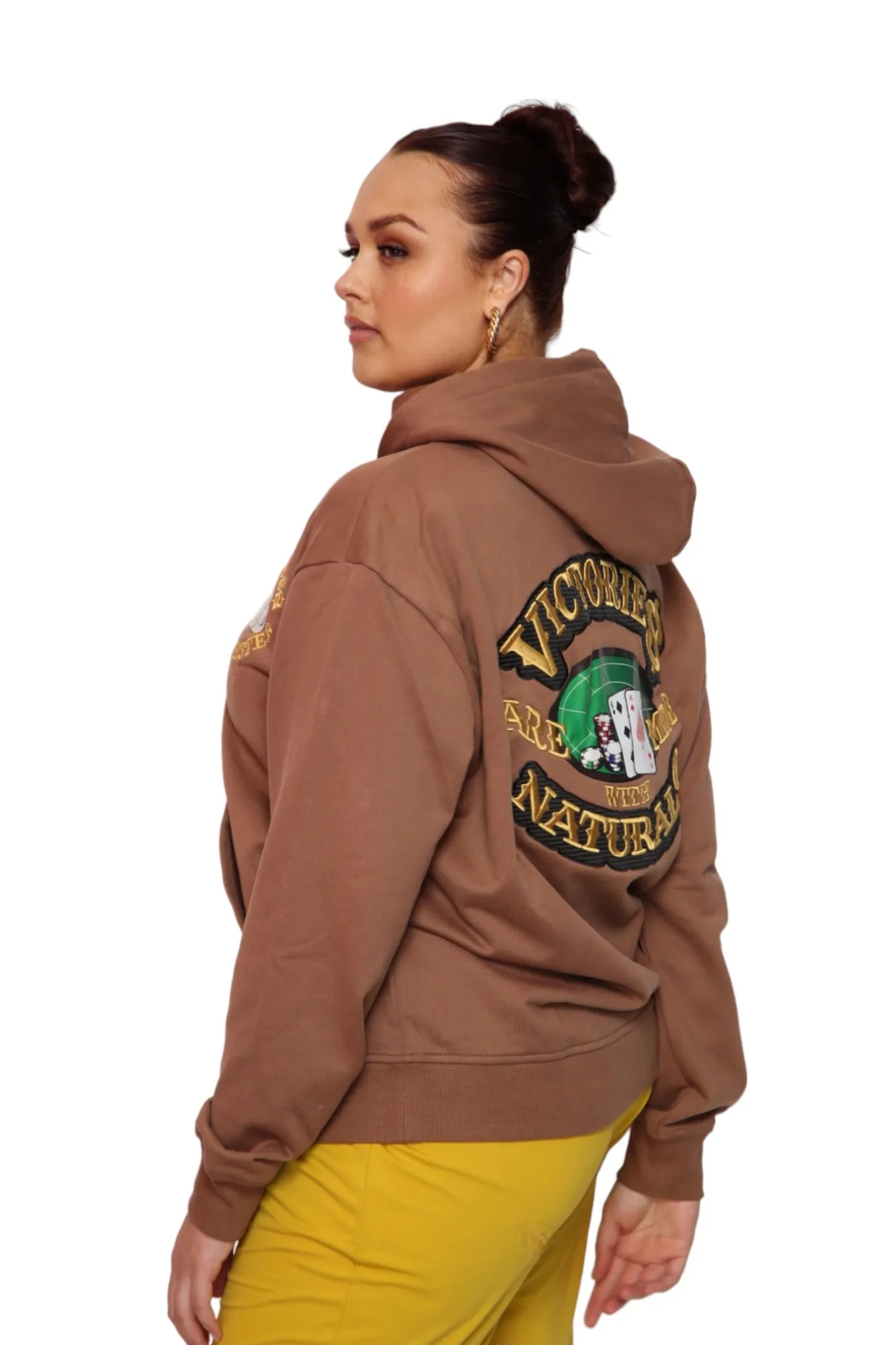 ‘Victories Are Mine With Natural 9’ Casino Embroidered Affirmation Hoodie - Brown