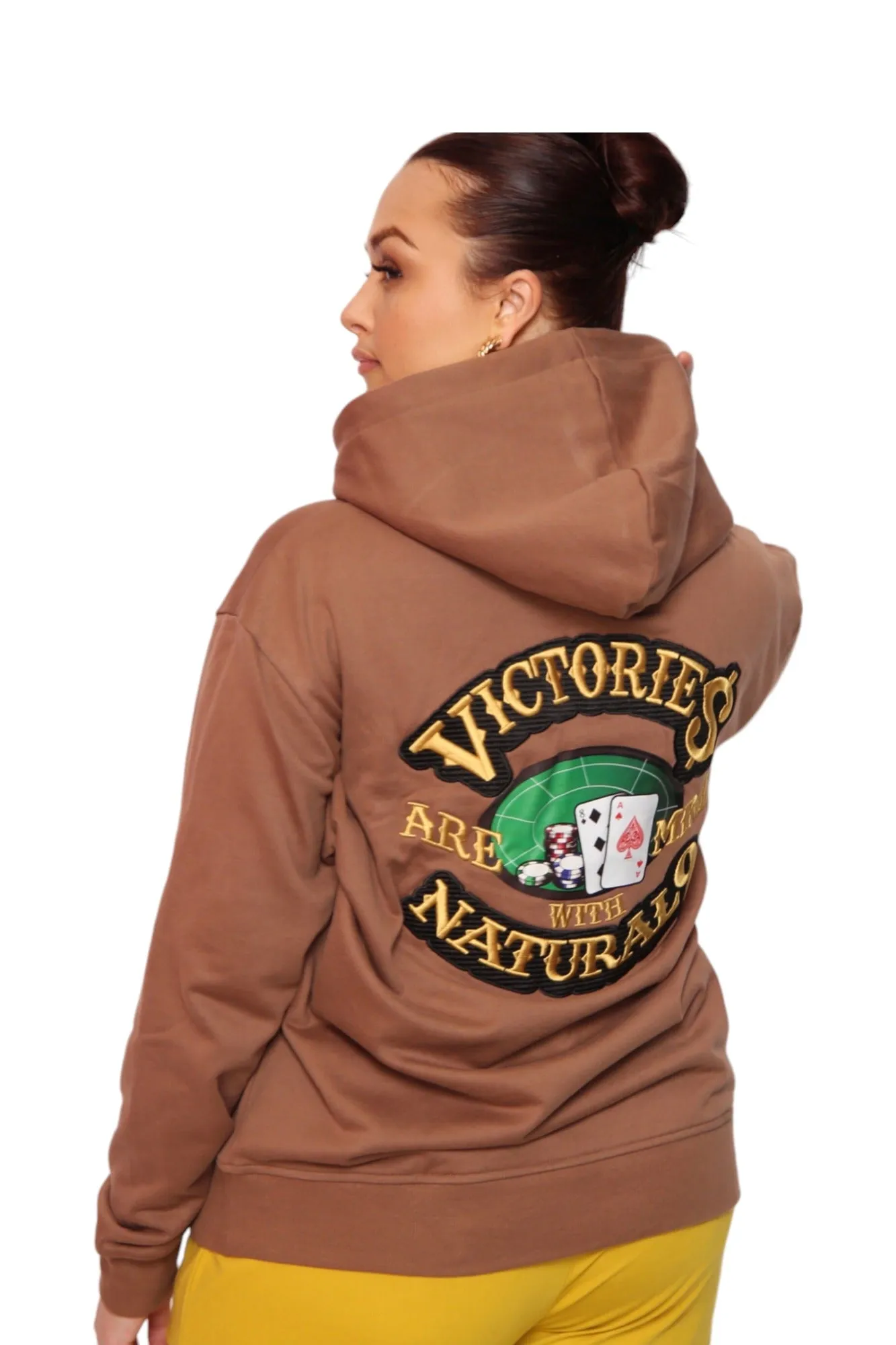 ‘Victories Are Mine With Natural 9’ Casino Embroidered Affirmation Hoodie - Brown