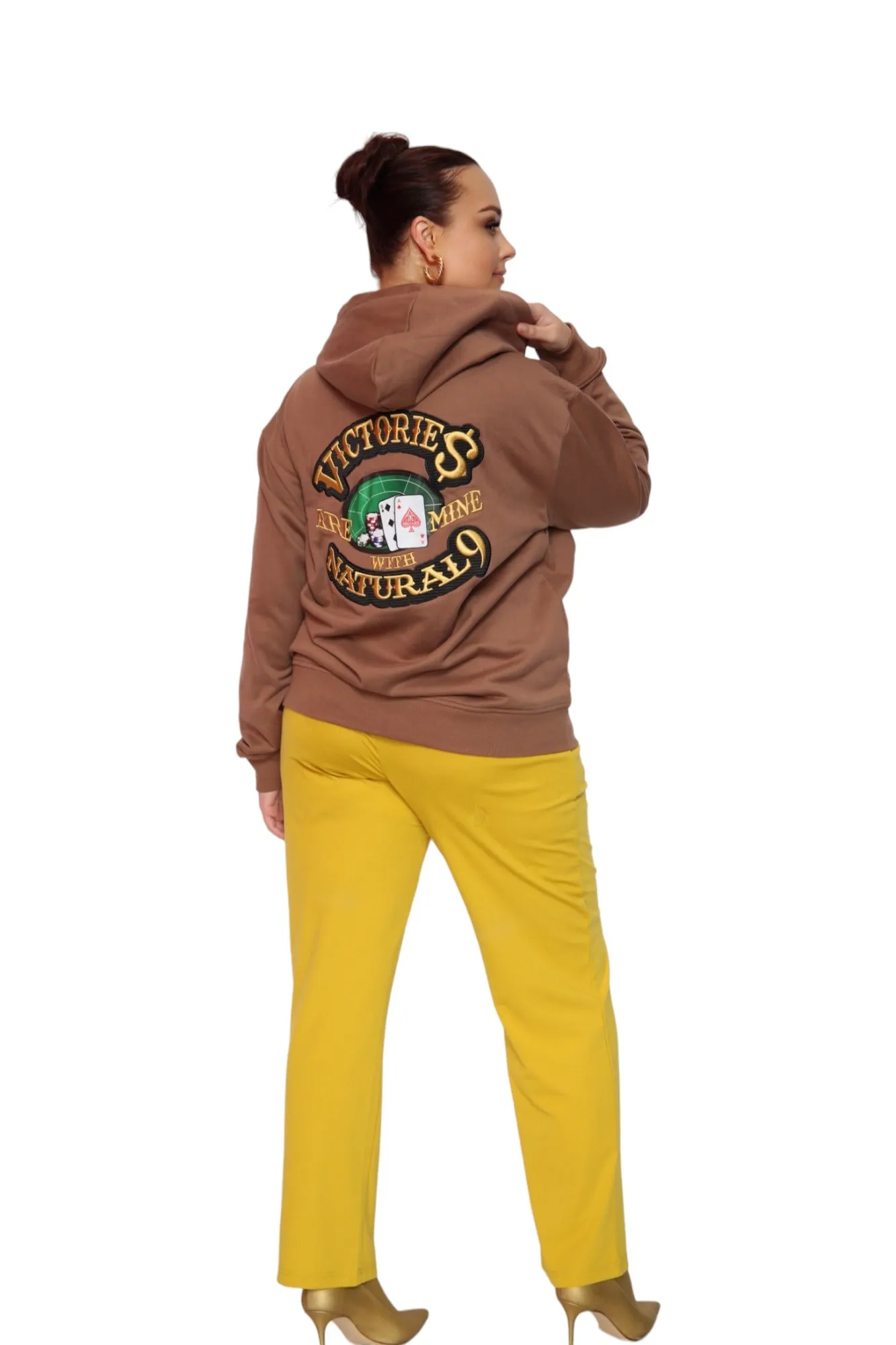 ‘Victories Are Mine With Natural 9’ Casino Embroidered Affirmation Hoodie - Brown