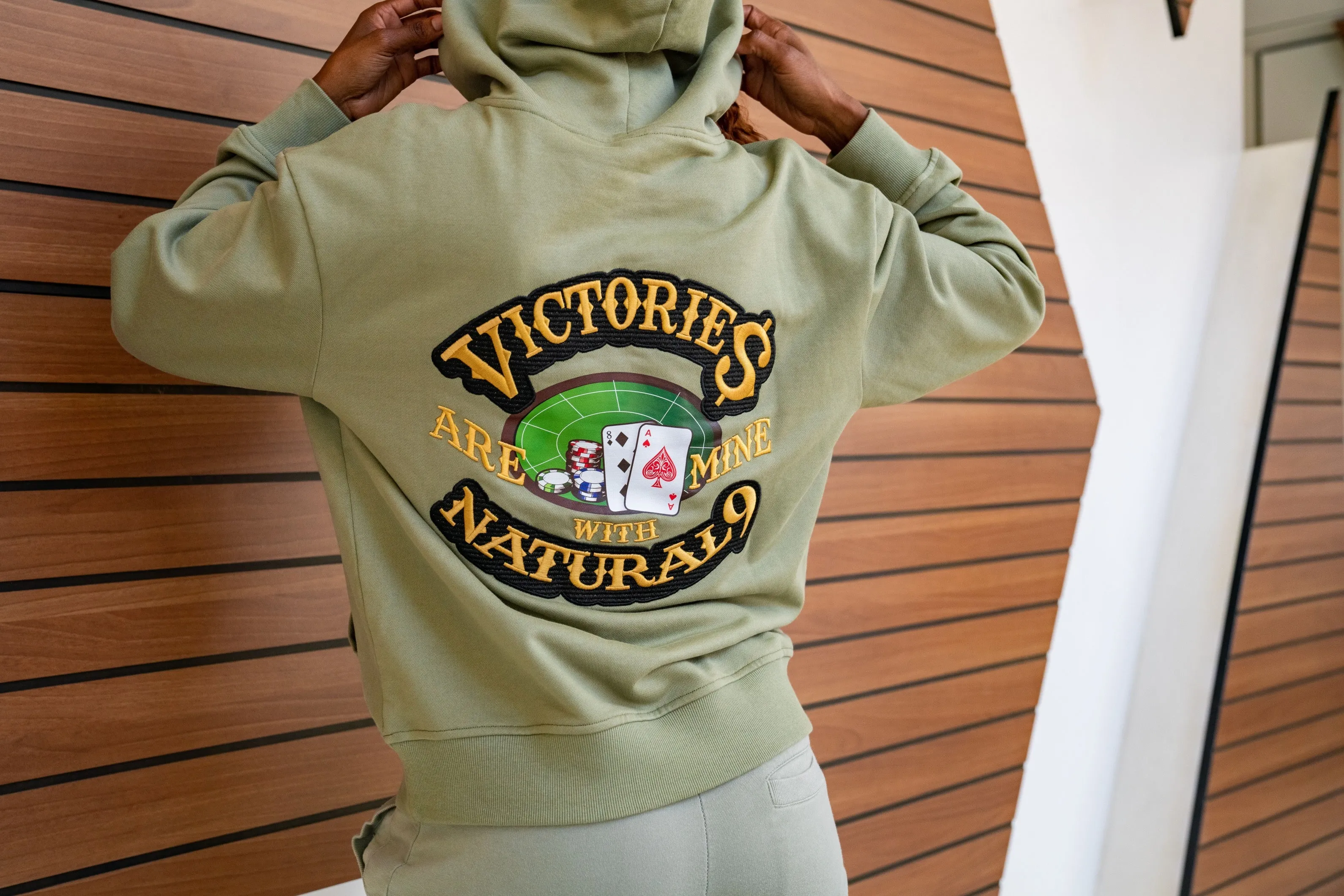 ‘Victories Are Mine With Natural 9’ Casino Embroidered Affirmation Hoodie - Green