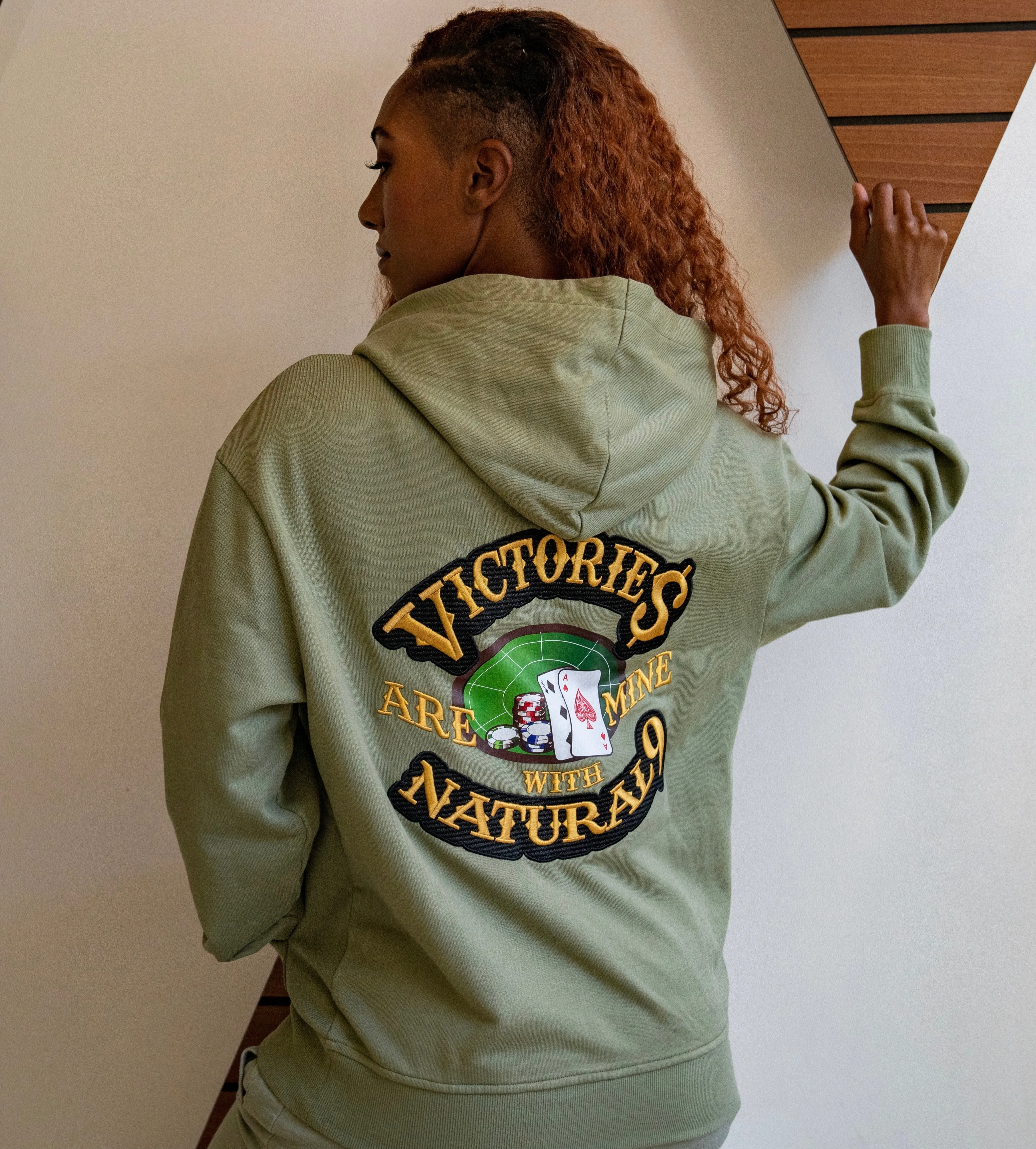 ‘Victories Are Mine With Natural 9’ Casino Embroidered Affirmation Hoodie - Green