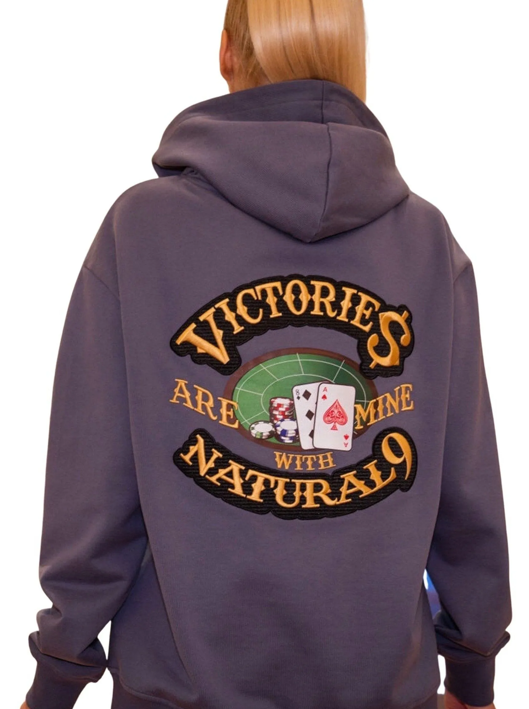 ‘Victories Are Mine With Natural 9’ Casino Embroidered Affirmation Hoodie - Grey
