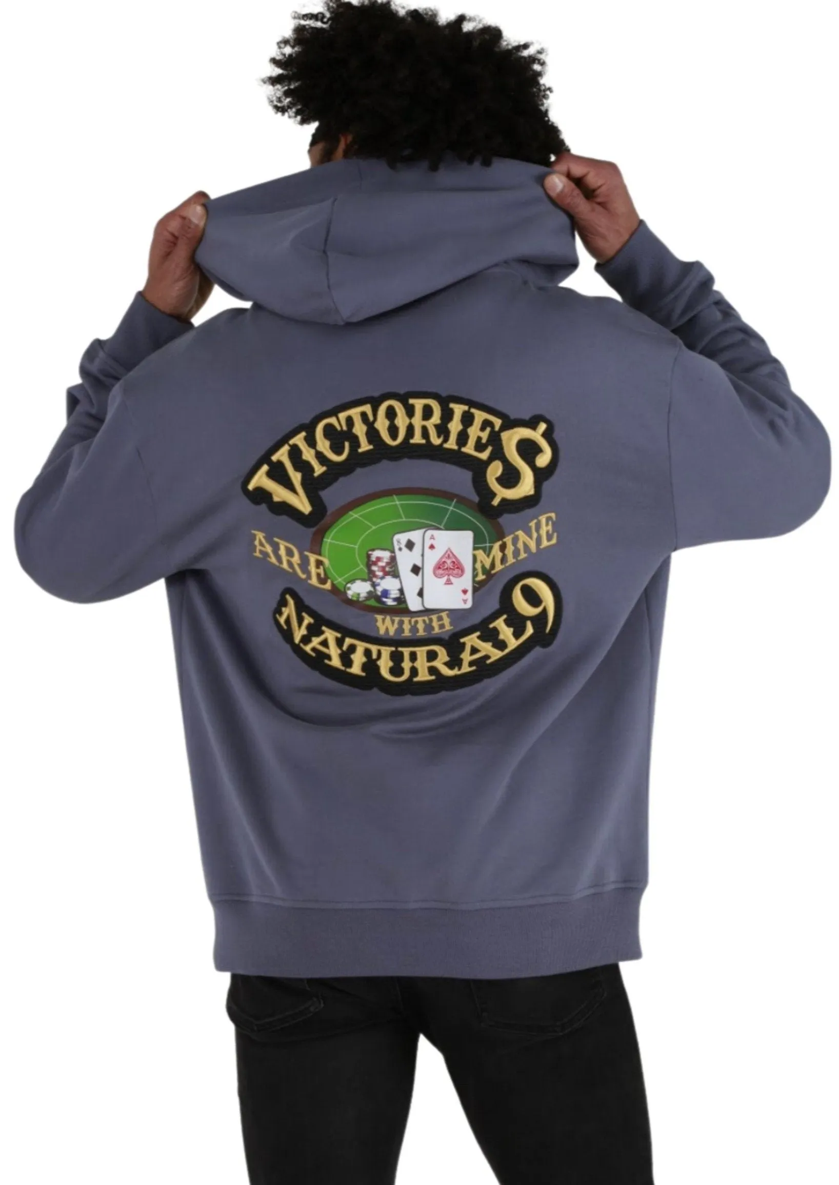 ‘Victories Are Mine With Natural 9’ Casino Embroidered Affirmation Hoodie - Grey