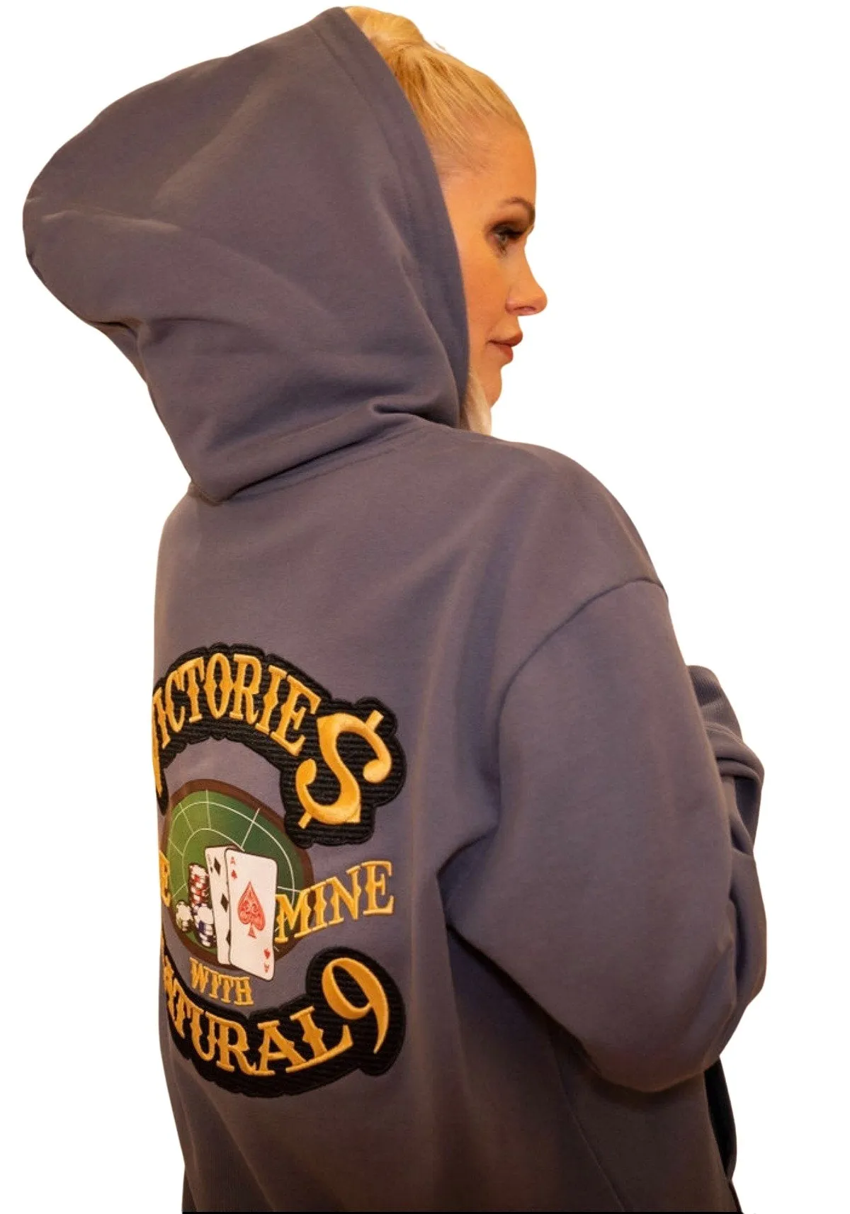 ‘Victories Are Mine With Natural 9’ Casino Embroidered Affirmation Hoodie - Grey