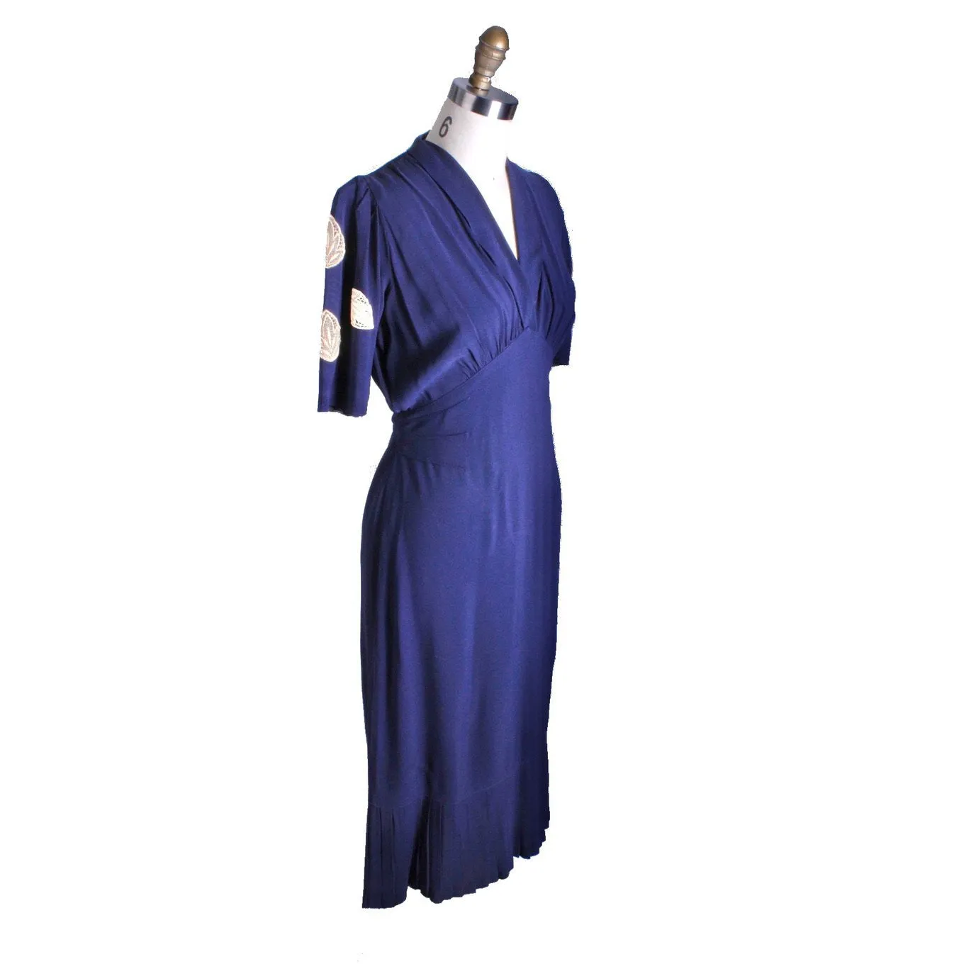 Vintage 1940s Dress Rayon Navy Blue With Lace Appliques WW2 Sz M