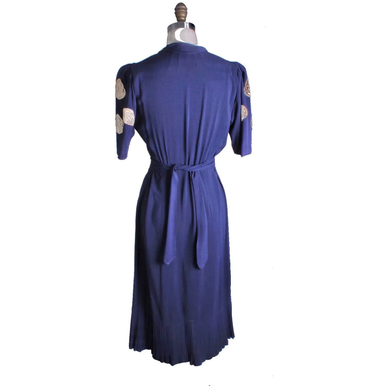 Vintage 1940s Dress Rayon Navy Blue With Lace Appliques WW2 Sz M