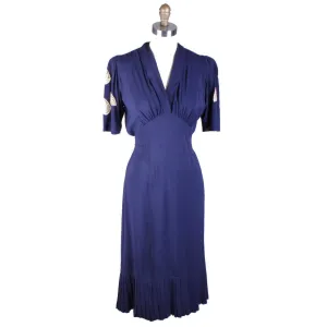 Vintage 1940s Dress Rayon Navy Blue With Lace Appliques WW2 Sz M