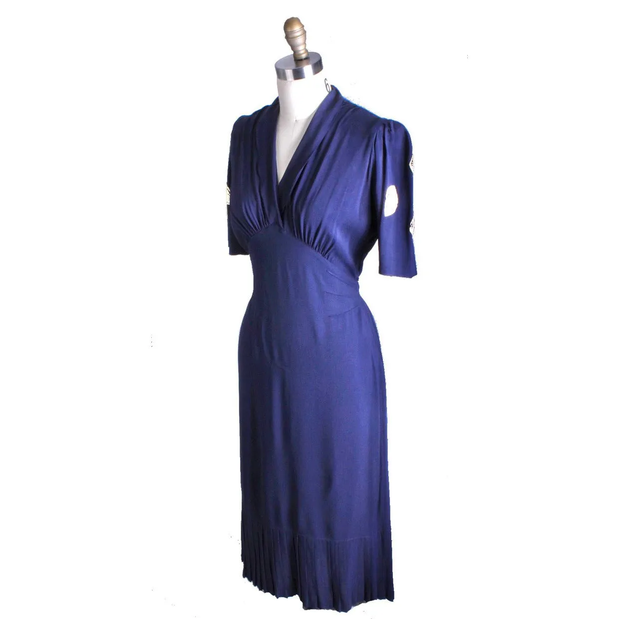 Vintage 1940s Dress Rayon Navy Blue With Lace Appliques WW2 Sz M