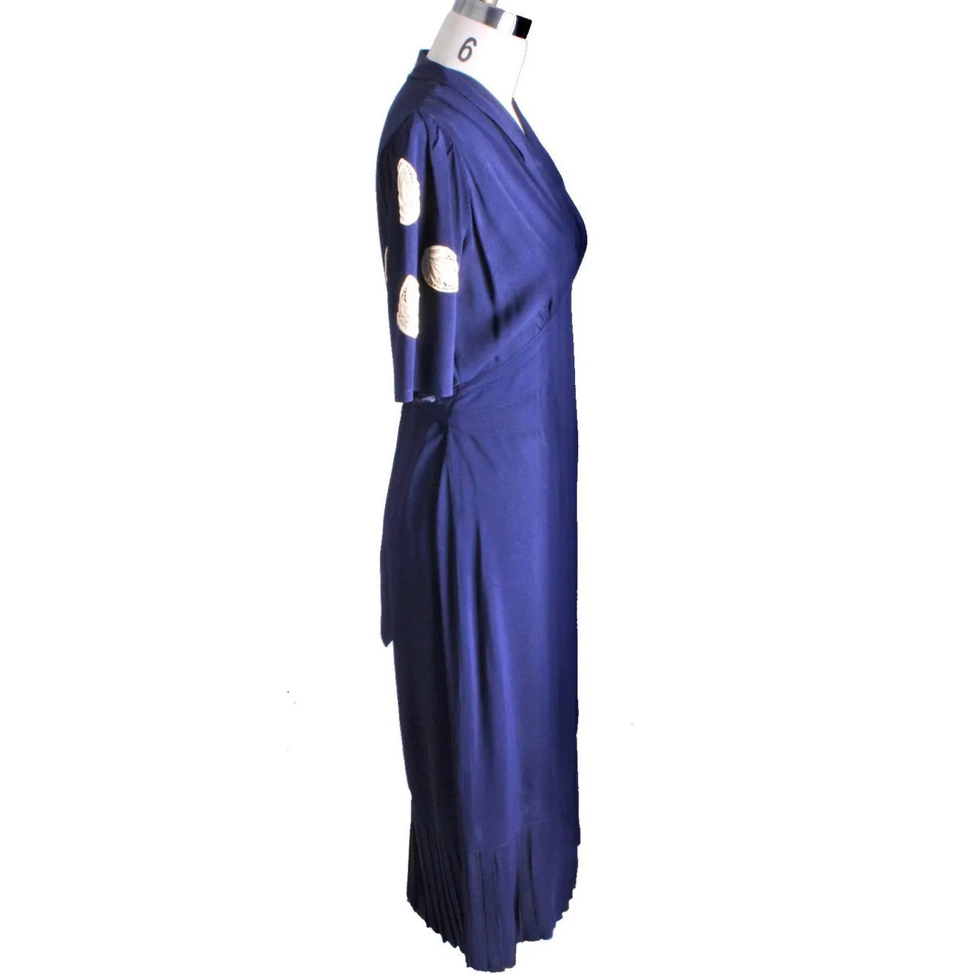 Vintage 1940s Dress Rayon Navy Blue With Lace Appliques WW2 Sz M