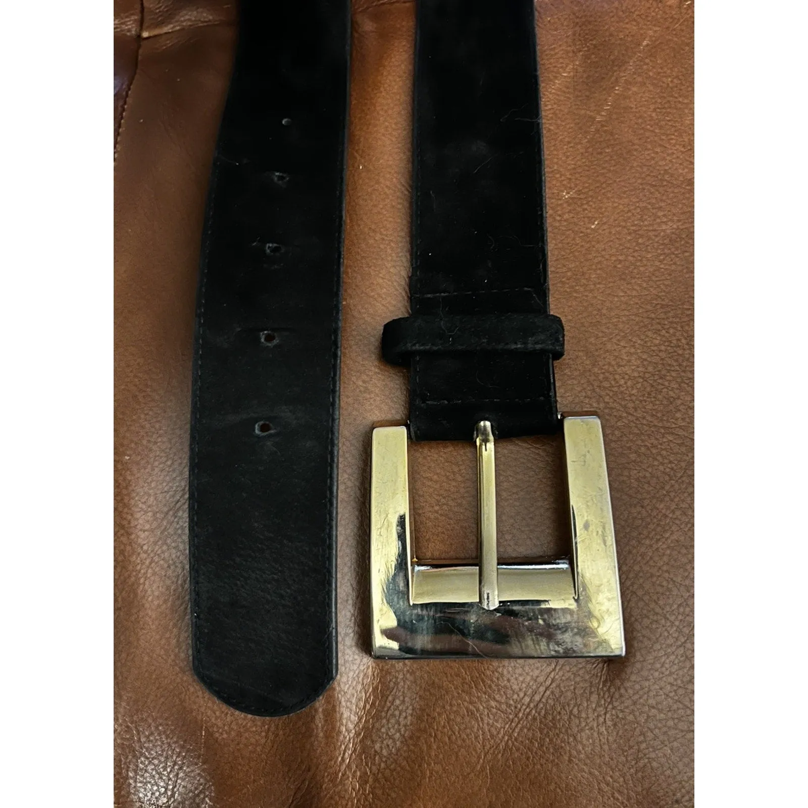Vintage Limited Women's Express Black Suede Waist Belt – Chunky Gold Buckle, Size Small