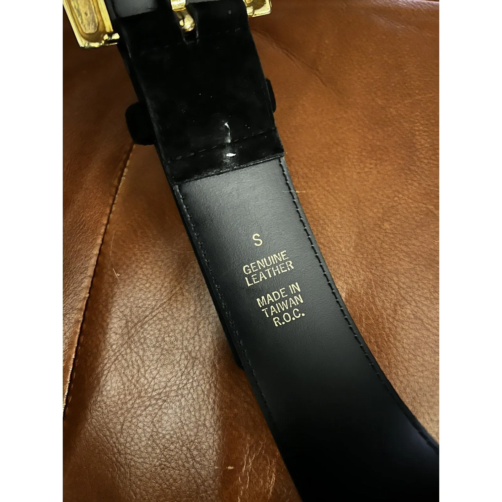 Vintage Limited Women's Express Black Suede Waist Belt – Chunky Gold Buckle, Size Small