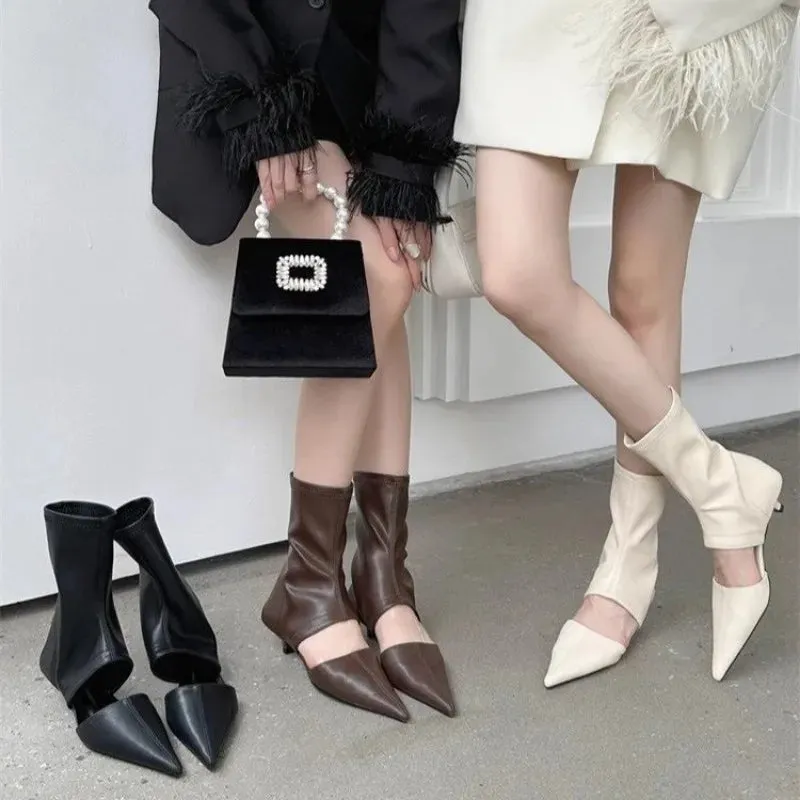 VougeVamp Pointed Toe Hollowed-Out Stiletto Boots – Stylish Elastic Sleeve High Heel Boots for Spring & Fashion Wear