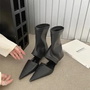 VougeVamp Pointed Toe Hollowed-Out Stiletto Boots – Stylish Elastic Sleeve High Heel Boots for Spring & Fashion Wear