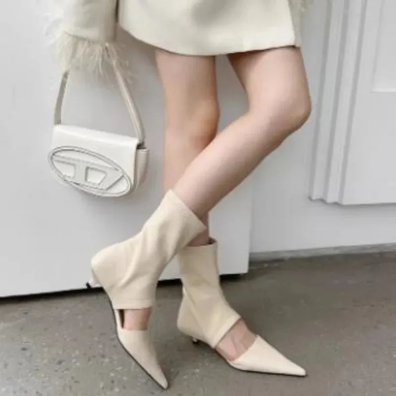 VougeVamp Pointed Toe Hollowed-Out Stiletto Boots – Stylish Elastic Sleeve High Heel Boots for Spring & Fashion Wear