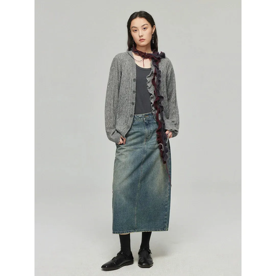 Washed Blue Midi Denim Skirt