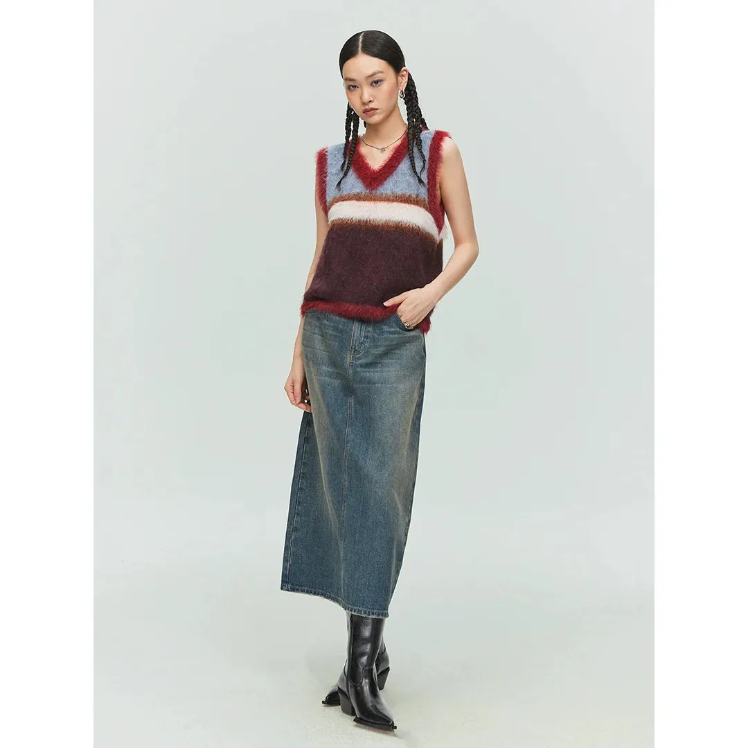 Washed Blue Midi Denim Skirt
