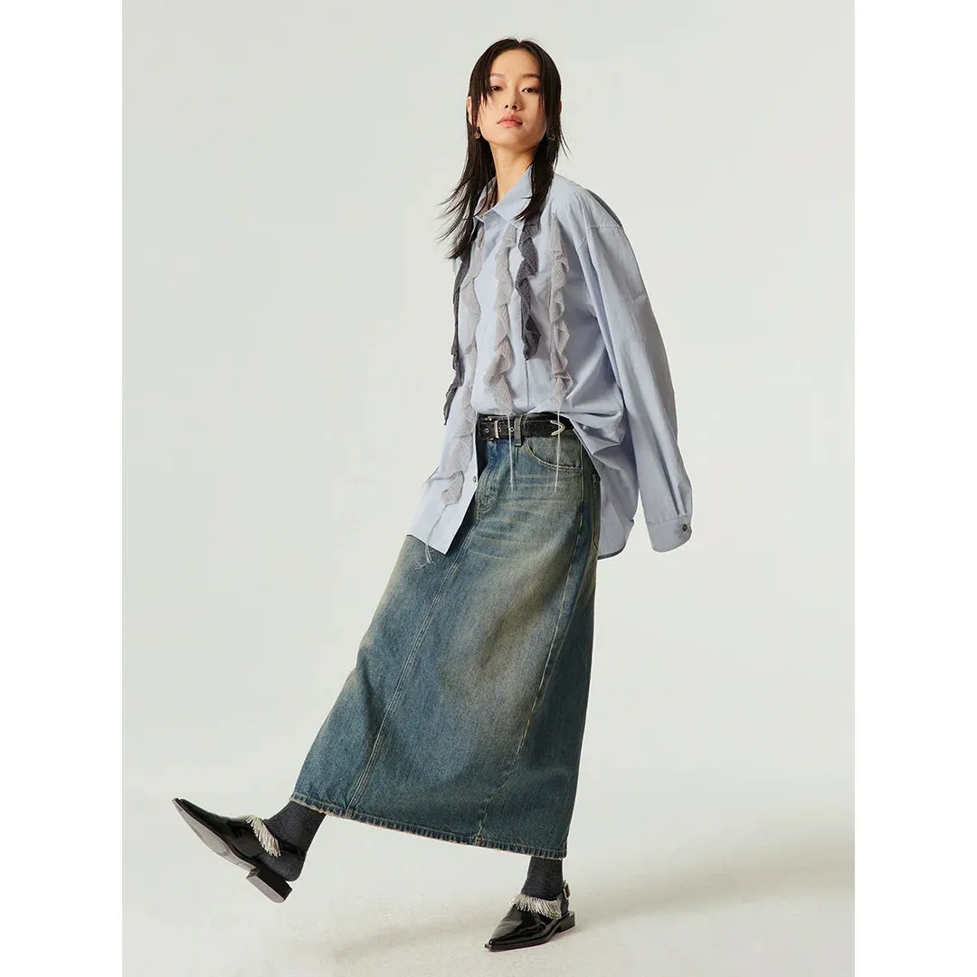 Washed Blue Midi Denim Skirt