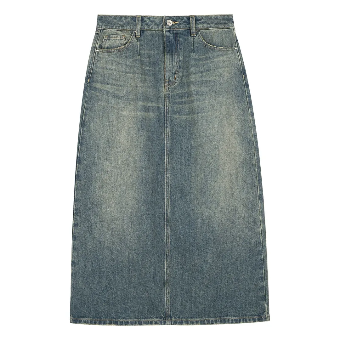 Washed Blue Midi Denim Skirt