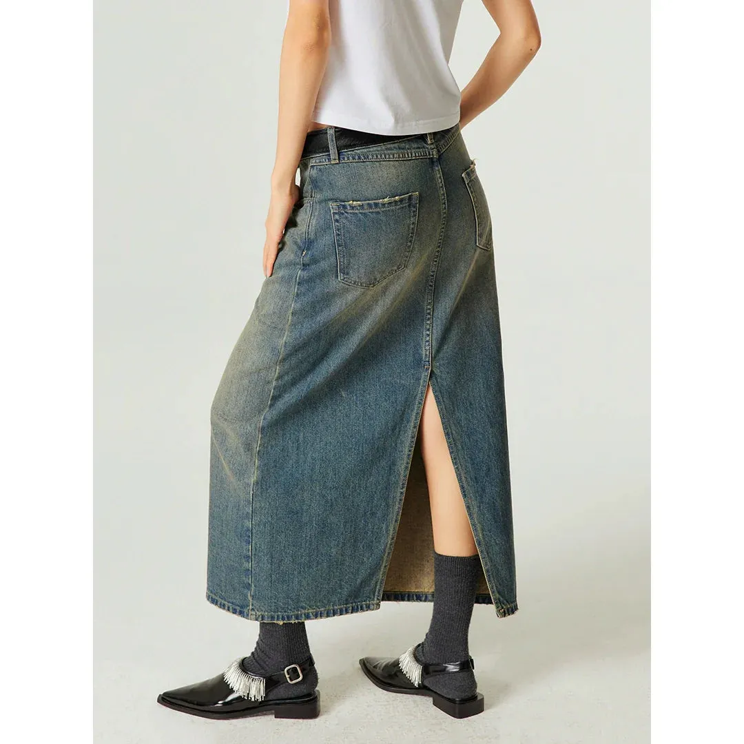 Washed Blue Midi Denim Skirt