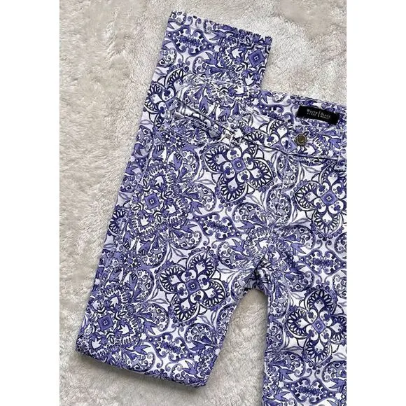 White House Black Market Majorelle Blue &amp; White Santorini Print Slim Ankle Jeans