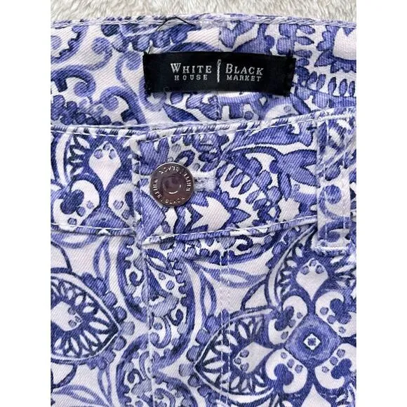 White House Black Market Majorelle Blue &amp; White Santorini Print Slim Ankle Jeans