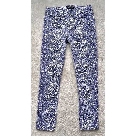 White House Black Market Majorelle Blue &amp; White Santorini Print Slim Ankle Jeans
