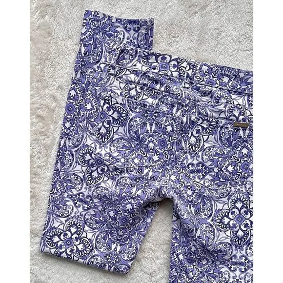 White House Black Market Majorelle Blue &amp; White Santorini Print Slim Ankle Jeans