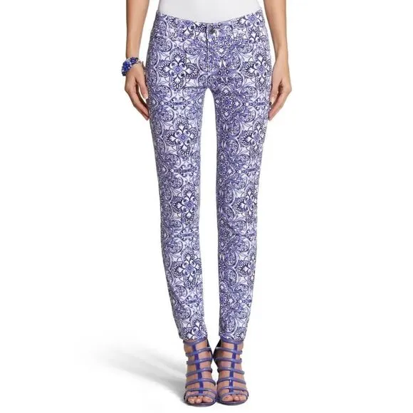 White House Black Market Majorelle Blue &amp; White Santorini Print Slim Ankle Jeans