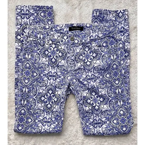 White House Black Market Majorelle Blue &amp; White Santorini Print Slim Ankle Jeans