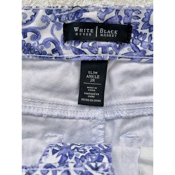 White House Black Market Majorelle Blue &amp; White Santorini Print Slim Ankle Jeans