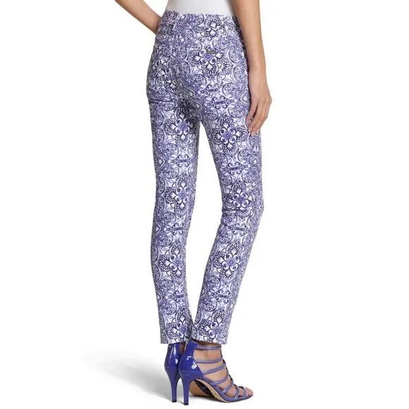 White House Black Market Majorelle Blue &amp; White Santorini Print Slim Ankle Jeans