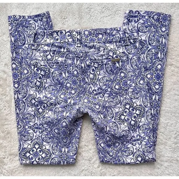 White House Black Market Majorelle Blue &amp; White Santorini Print Slim Ankle Jeans